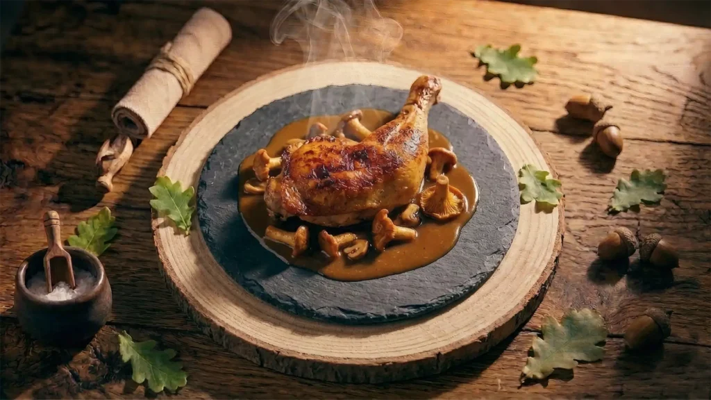 Cuisse de Bourbonnais rôtie, jus corsé et girolles, plat emblématique du restaurant à Braize, Pavillon la Futaie