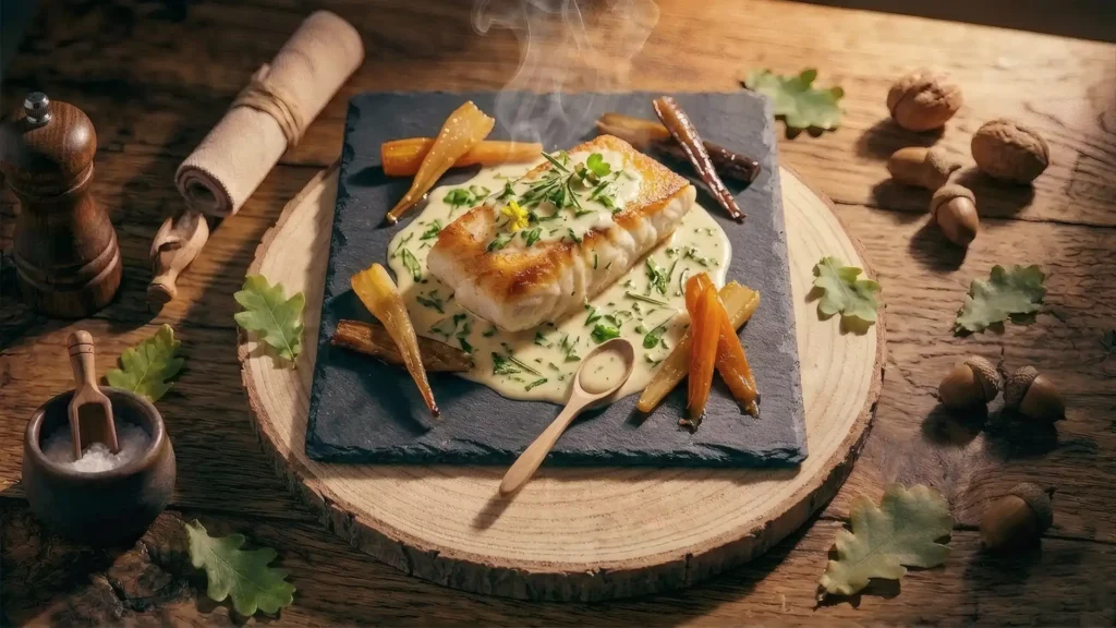 Filet de sandre poêlé, sauce crémée aux herbes et légumes confits, au menu du Pavillon la Futaie, restaurant Bistronomique de Braize.