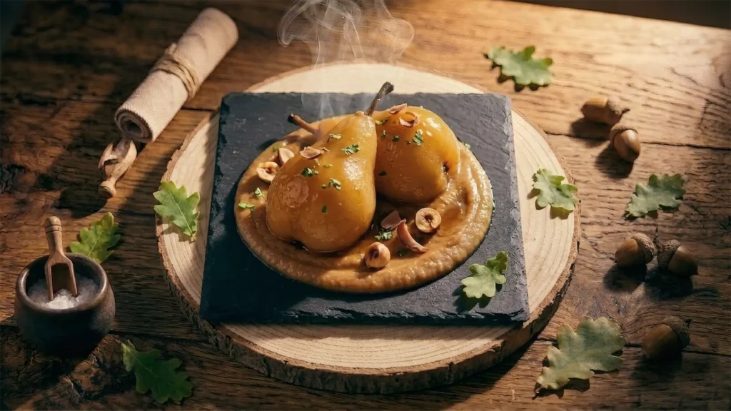 Poires sauvages pochées au miel et noisettes torréfiées, dessert raffiné du Pavillon la Futaie, restaurant bistronomique de Braize.