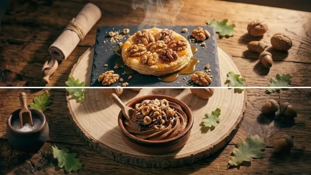 Tarte fine feuilletée aux noix caramélisées et mousse de châtaigne, créations sucrées du restaurant Pavillon la Futaie, à Braize