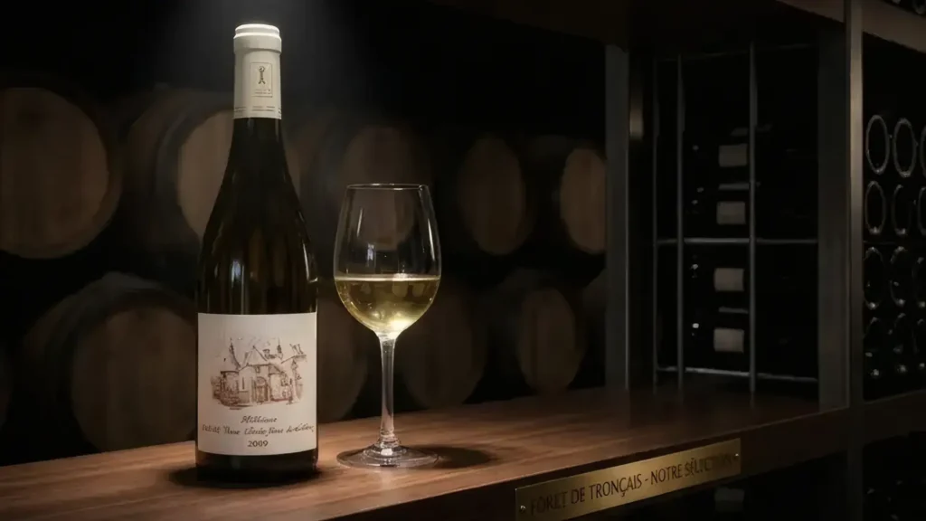 Bouteille et verre de vin blanc millésime 2009, cave Forêt de Tronçais, sélection exclusive du Pavillon la Futaie, restaurant gastronomique à Braize