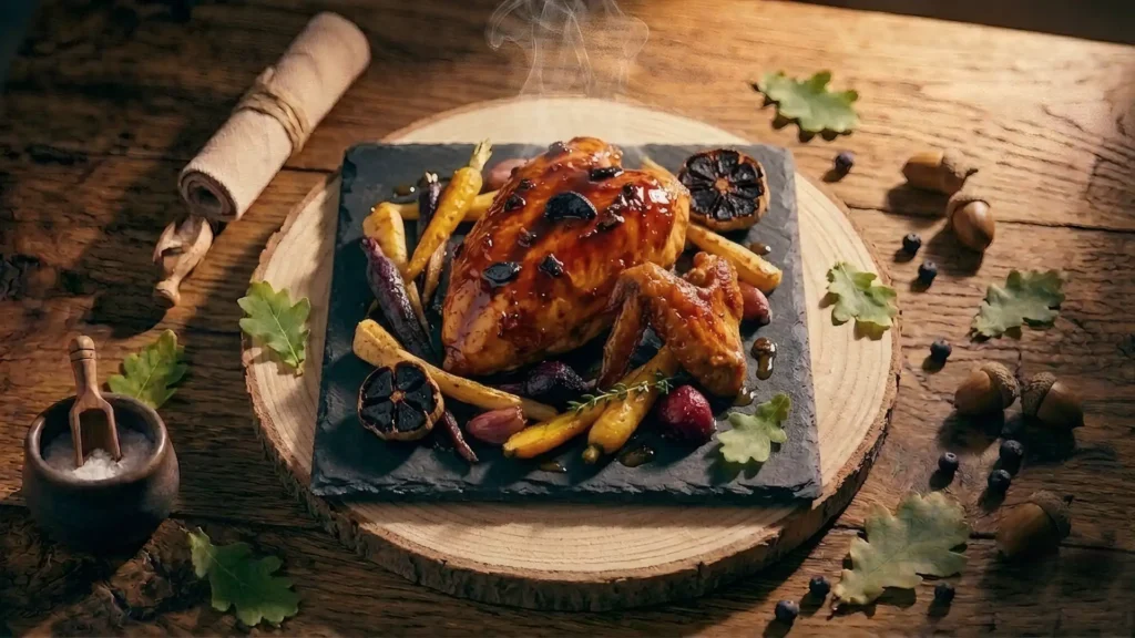 Aile suprême de volaille laquée au miel, légumes rôtis et ail noir, servie sur ardoise au restaurant Pavillon la Futaie à Braize.