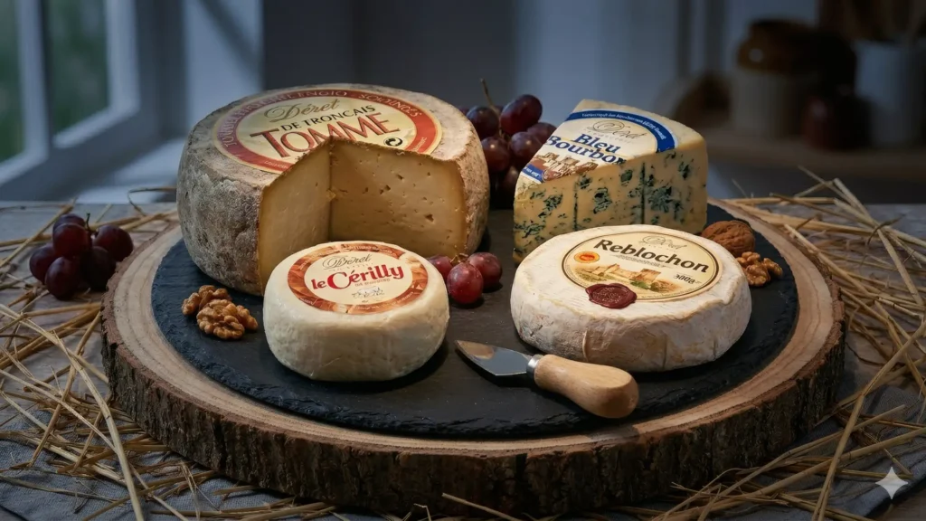 Plateau de fromages du terroir bourbonnais — Tomme de Tronçais, Bleu Bourbon, Reblochon et Cérilly — proposé au restaurant Pavillon la Futaie à Braize.