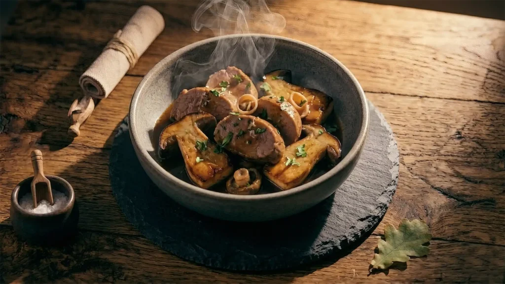 Quasi de veau aux cèpes et jus de cuisson, servi dans un bol en céramique, spécialité du restaurant Pavillon la Futaie situé à Braize.