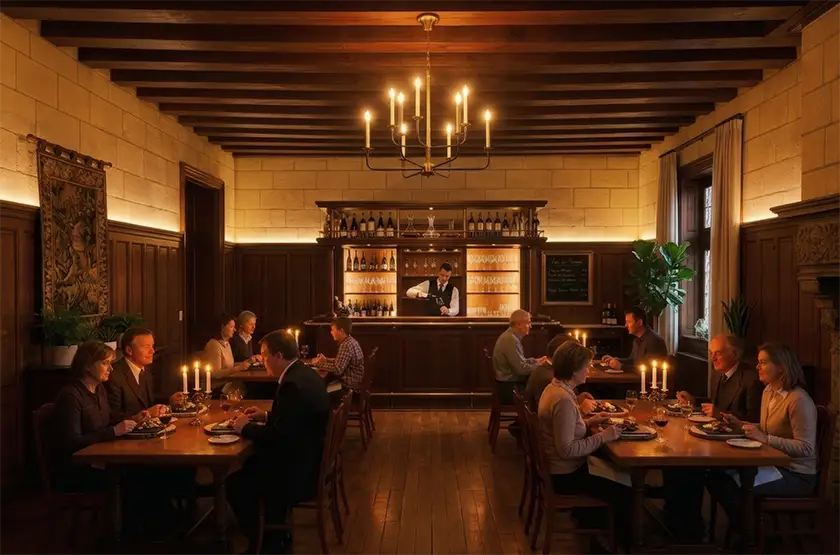 Salle de restaurant animée avec bar en bois et lustres à bougie, ambiance chaleureuse du Pavillon la Futaie à Braize