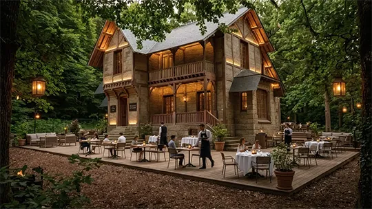 Façade en pierre du Pavillon la Futaie éclairée au crépuscule, restaurant bistronomique niché dans la forêt de Tronçais à Braize