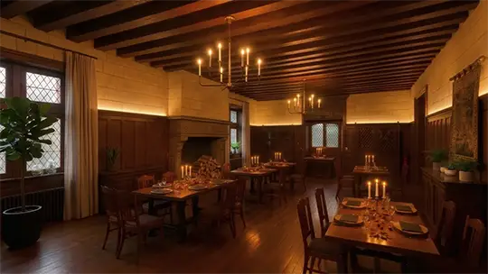 Salle de restaurant élégante avec poutres apparentes, cheminée et tables dressées à la bougie, cadre authentique du Pavillon la Futaie à Braize